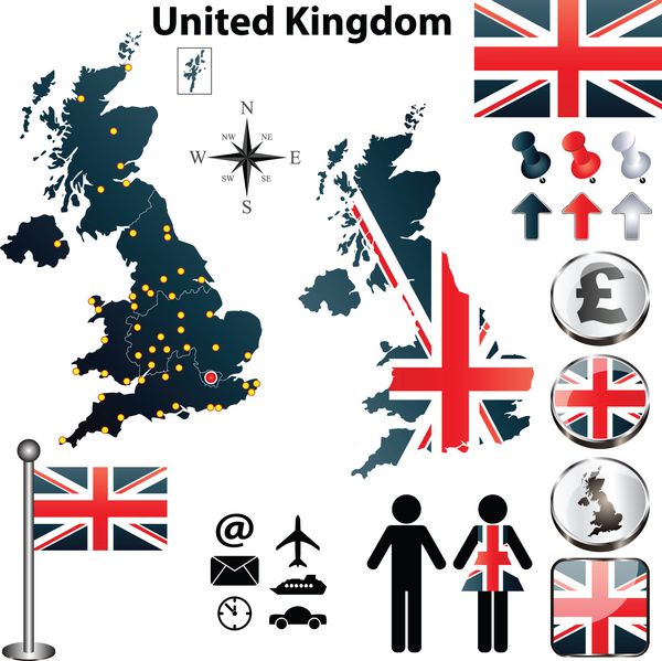 مجموعه وکتور بریتانیا با شکل دقیق کشور با مرزهای منطقه پرچم ها و نمادها