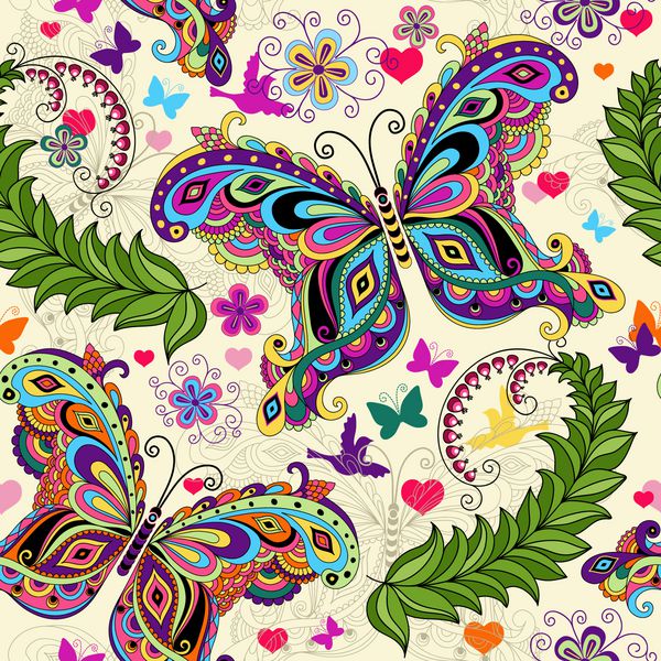 الگوی ولنتاین بدون درز با پروانه های رنگارنگ قدیمی و گل و قلب وکتور