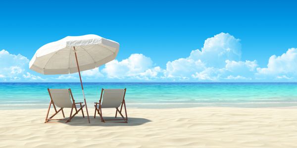 صندلی و چتر ساحلی در ساحل شنی مفهومی برای استراحت آرامش تعطیلات آبگرم استراحتگاه