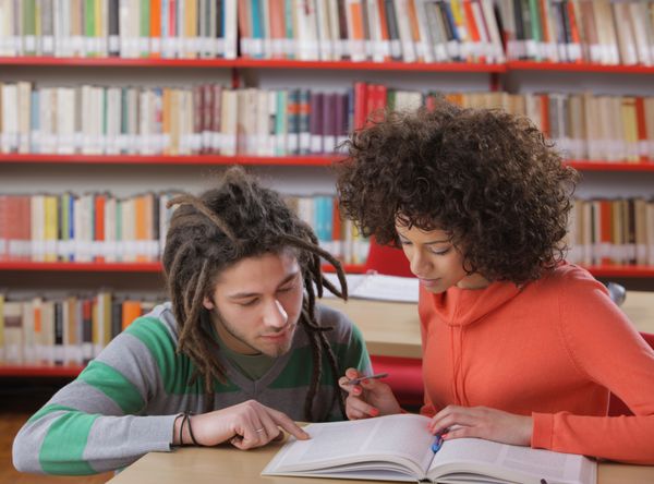 دو دانش آموز با هم در داخل کتابخانه در حال یادگیری هستند