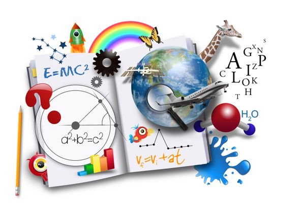 یک کتاب باز دارای مفاهیم مختلف ریاضی علوم و فضا برای یک مدرسه یا مفهوم یادگیری است عناصر این تصویر توسط ناسا ارائه شده است