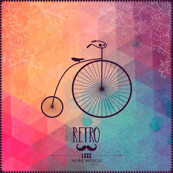 دوچرخه رترو در پس زمینه هیپستر ساخته شده از مثلث با کاغذ گرانج پس زمینه رترو با تزئینات گلدار و اشکال هندسی