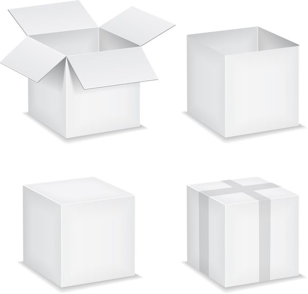 جعبه های کاغذ سفید باز و بسته روی پس زمینه سفید وکتور