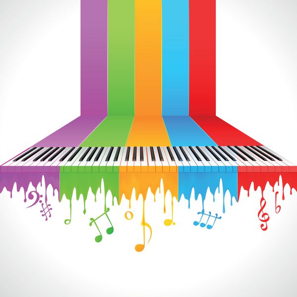 تصویر کلید پیانو روی رنگ رنگین کمان