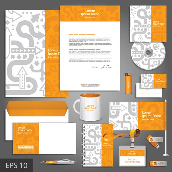 الگوی هویت شرکتی نارنجی با فلش های خاکستری وکتور سبک شرکت برای برند و دستورالعمل