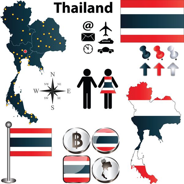 مجموعه وکتور تایلند با شکل دقیق کشور با مرزهای مناطق پرچم ها و نمادها