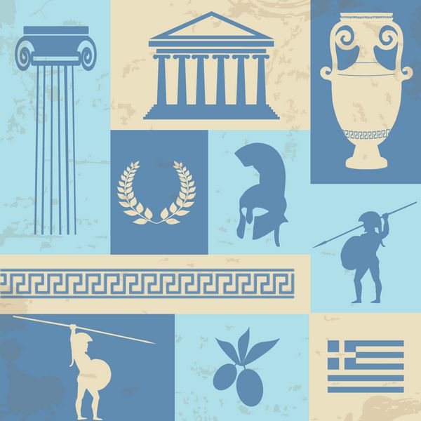 پوستر سبک رترو با نمادها و نشانه های یونان وکتور