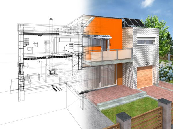 خانه مدرن در بخش با زیرساخت های قابل مشاهده و داخلی طرح کلی و رندر