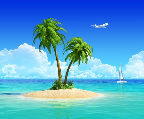 ساحل شنی تمیز در جزیره گرمسیری با درخت نخل همچنین با قایق بادبانی و هواپیما در پس‌زمینه مفهومی برای استراحت تعطیلات استراحتگاه سفر سفر و تعطیلات