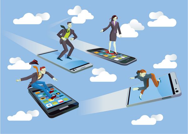 چهار تاجر و زن تاجر در حال پرواز یا موج‌سواری با تلفن‌های همراه در حال حرکت در میان ابرها در آسمان آبی آنها از فناوری لذت می برند