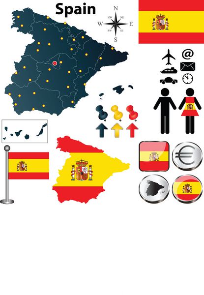مجموعه وکتور شکل کشور اسپانیا با پرچم ها و نمادهای جدا شده در پس زمینه سفید
