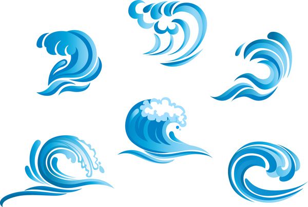 مجموعه ای از امواج اقیانوس موج سواری آبی جدا شده در پس زمینه سفید همچنین یک ایده لوگو نسخه Jpeg نیز در گالری موجود است