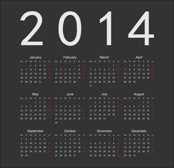 تقویم وکتوری سیاه اروپایی سال 2014 ساده