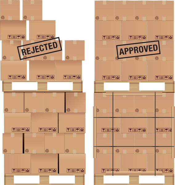 جعبه‌های مقوایی روی یک پالت چوبی با نمونه‌هایی از انباشتگی ضعیف و بسته‌بندی خوب جعبه‌ها