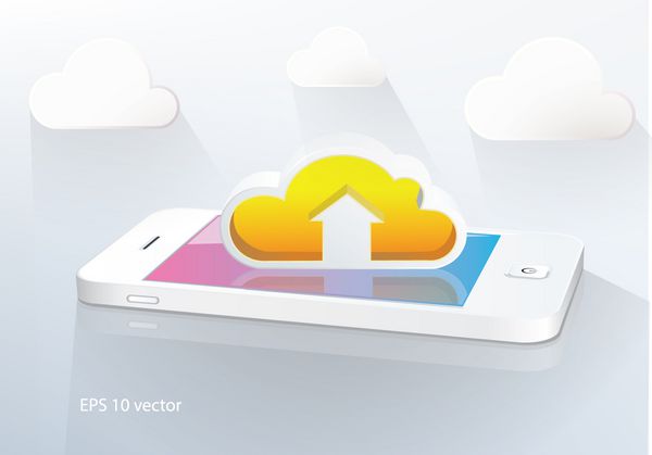 مفهوم محاسبات ابری و تحرک گوشی هوشمند با صفحه لمسی و ابرها با فلش به عنوان نماد بارگذاری وکتور