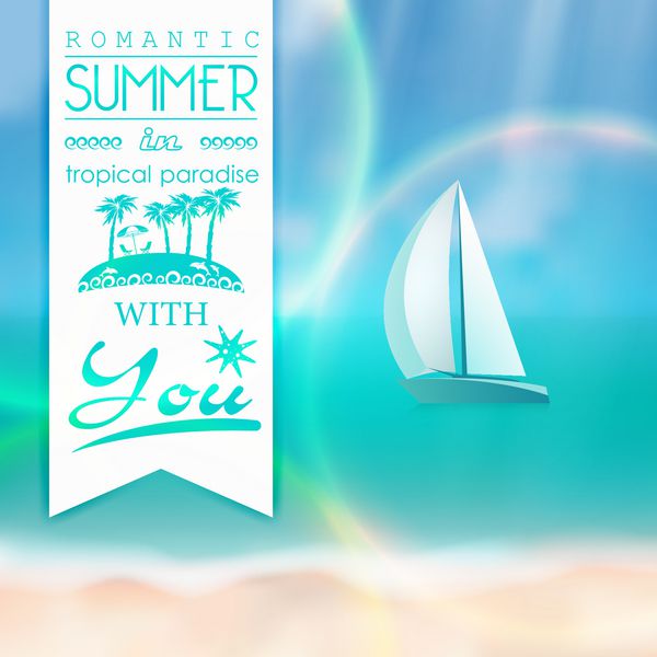 ساحل تاری زیبا با ماسه سفید دریای زمرد قایق بادبانی و تابش آفتاب پیامک برای آژانس های مسافرتی پیشنهادات تابستانی