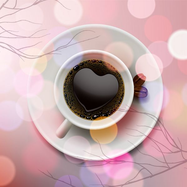 فنجان قهوه سفید با شکل قلب ساخته شده از کف در پس زمینه صورتی تاری وکتور