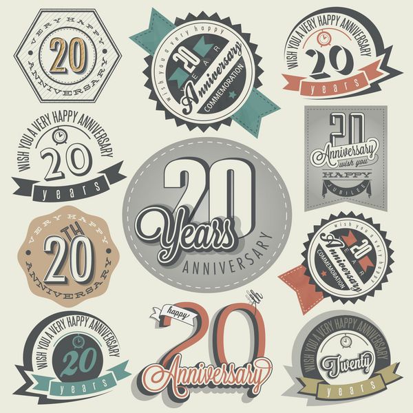 مجموعه وینتیج 20 سالگرد طراحی بیست سالگرد در سبک رترو برچسب های قدیمی برای تبریک سالگرد نمادهای تایپوگرافی و خوشنویسی به سبک حروف دستی برای 20 سالگرد