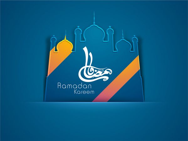 متن خوشنویسی اسلامی عربی رمضان کریم یا رمضان کریم در مسجد یا مسجد در زمینه آبی طرح اثر هنری کاغذی