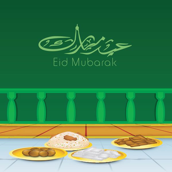 خط عربی اسلامی متن عید مبارک با شیرینی برای جشن عید