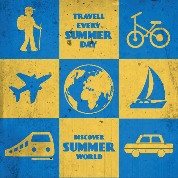 مجموعه وکتور عناصر سفر رترو برای طراحی تابستانی می تواند به عنوان پوستر رترو یا پس زمینه استفاده شود