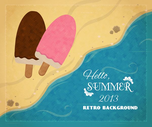 سلام تابستان 2013 پس زمینه تابستانی عاشقانه رترو با دو بستنی و صدف در ساحل می توان از آن به عنوان پوستر قدیمی یا کارت تبریک استفاده کرد وکتور