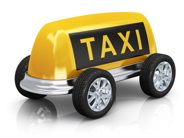 مفهوم خلاقانه تاکسی ماشین از تابلوی سقف تاکسی زرد و چرخ های جدا شده در پس زمینه سفید با جلوه بازتاب