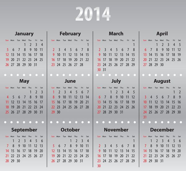 تقویم ثابت برای سال 2014 اول یکشنبه ها