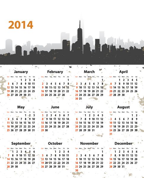 تقویم شیک سال 2014 در پس زمینه گرانج منظره شهری یکشنبه ها اول وکتور