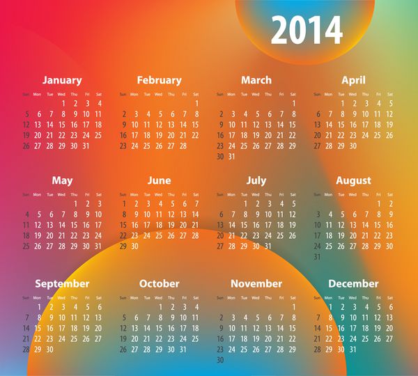 تقویم رنگارنگ برای سال 2014 یکشنبه ها اول وکتور