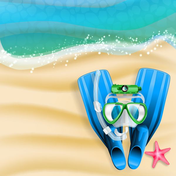 ماسک غواصی دوربین لوله و ستاره دریایی در پس زمینه ساحل