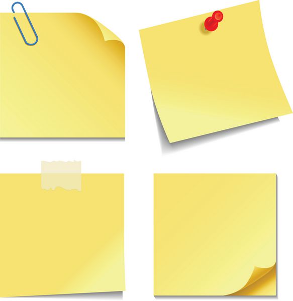 یادداشت های چسبنده - مجموعه ای از یادداشت های چسبنده زرد جدا شده در پس زمینه سفید وکتور 