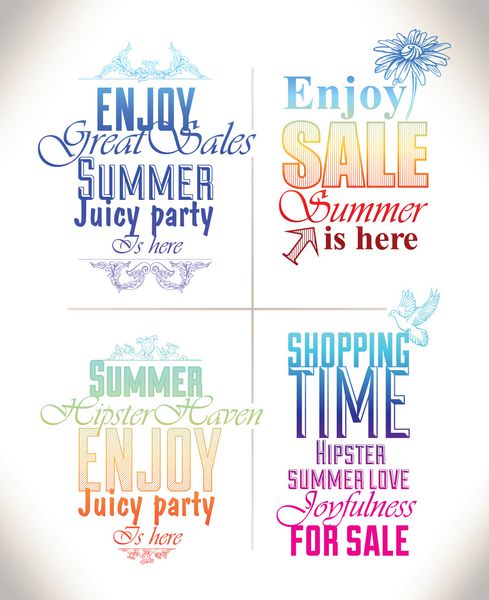 مجموعه ای از برچسب های هیپستر تابستانی و ترکیب متن تخفیف تبلیغات در پس زمینه انتزاعی و رنگارنگ