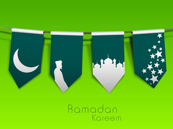 مفهوم زیبای رمضان کریم با ماه براق مسجد و ستاره در زمینه سبز