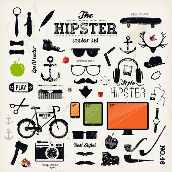 عناصر و نمادهای اینفوگرافیک سبک هیپستر برای طراحی رترو با دوچرخه عینک آفتابی سبیل پاپیون لنگر سیب و دوربین وکتور