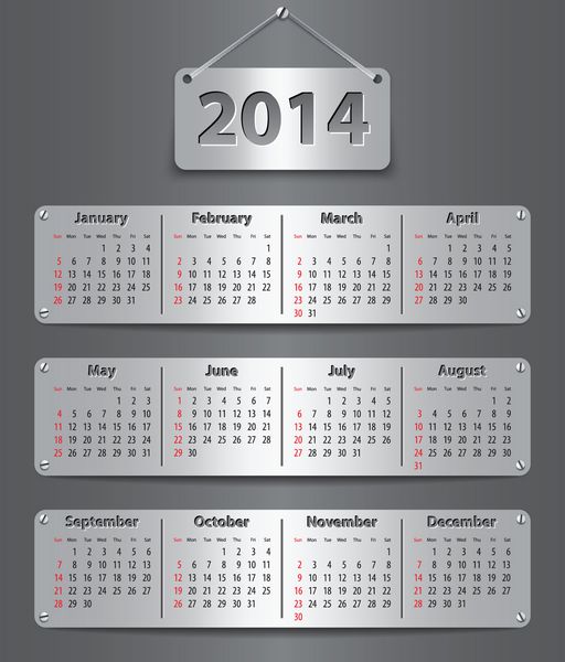 تقویم سال 2014 به زبان انگلیسی به همراه تبلت های فلزی پیوست شده است وکتور