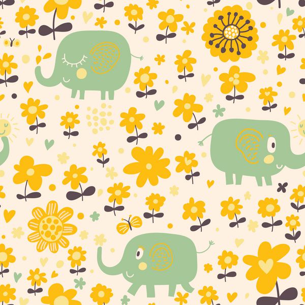 الگوی بدون درز زیبا با فیل ها و گل های زرد پس زمینه وکتور گل بهاری را می توان برای پرکردن الگو پس زمینه صفحه وب بافت سطح استفاده کرد کاغذ دیواری مناسب برای اتاق خواب کودکان
