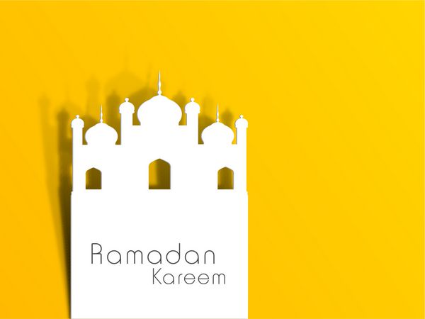تصویر مسجد در زمینه زرد با متن رمضان کریم