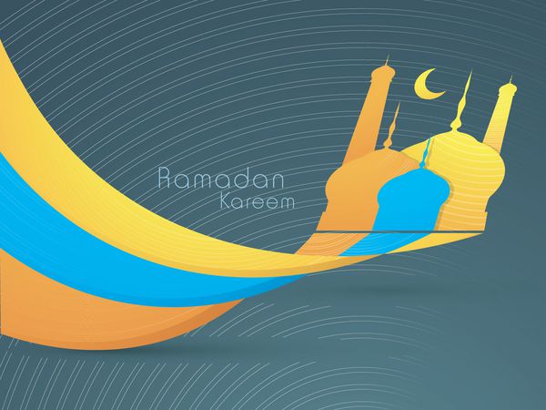 نمایی از مسجد با ماه ساخته شده توسط امواج رنگارنگ در زمینه خاکستری برای رمضان کریم