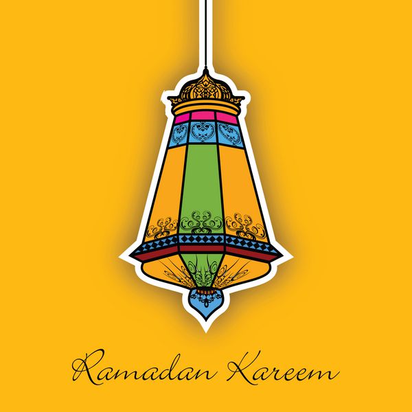 چراغ عربی پیچیده رنگارنگ در زمینه زرد برای رمضان کریم