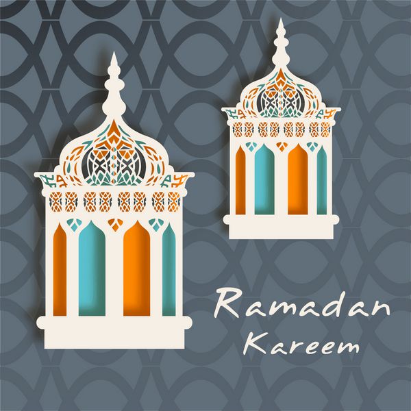 لامپ های رنگارنگ عربی پیچیده در زمینه خاکستری برای رمضان کریم