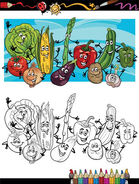 کتاب رنگ آمیزی یا صفحه وکتور کارتون کمیک سبزیجات گروه اشیاء غذایی خنده دار برای آموزش کودکان