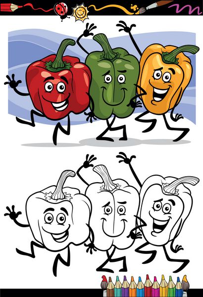 کتاب رنگ آمیزی یا صفحه تصویر کارتونی سه فلفل سبزی قرمز و سبز و زرد گروه اشیاء غذایی خنده دار برای آموزش کودکان