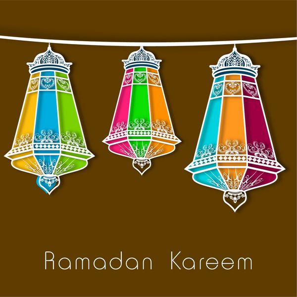 لامپ های رنگارنگ عربی رنگارنگ آویزان شده در پس زمینه قهوه ای انتزاعی با متن رمضان کریم