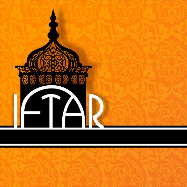 مفهومی برای جامعه مسلمانان ماه مبارک رمضان کریم با چراغ پیچیده و متن افطار در زمینه نارنجی انتزاعی