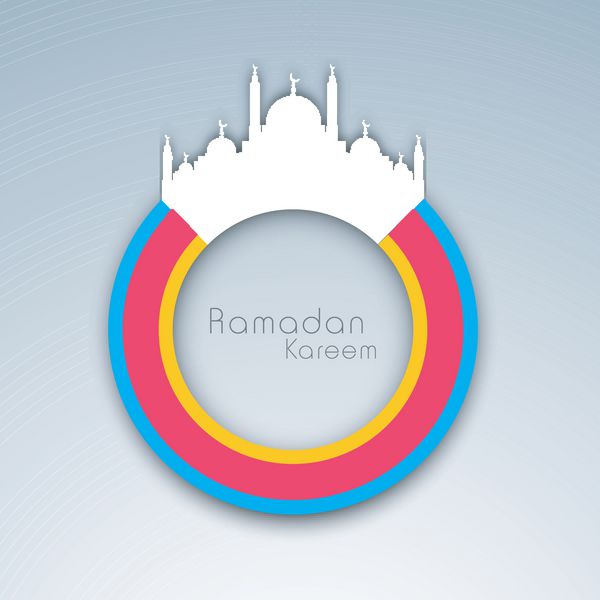 پس زمینه خلاقانه رمضان کریم با مسجد سفید روی دایره رنگارنگ