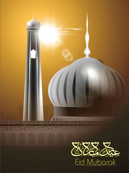 خط عربی اسلامی متن عید مبارک با مسجد در پس زمینه شب