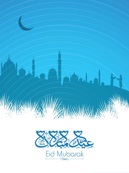 رسم الخط اسلامی عربی متن عید مبارک با ماه و شبح های مسجد در زمینه آبی