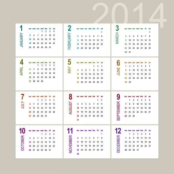 طراحی تقویم 2014 در پس زمینه روشن - هفته با یکشنبه شروع می شود