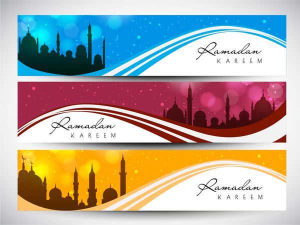 مجموعه هدر یا بنر سایت با نمای مسجد روی امواج براق برای ماه مبارک رمضان کریم